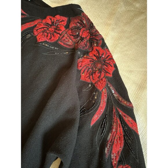 STUNNING Chico's Sweater Black Red Floral Embroidered Christmas Holiday Sz 3 XL‎ - Picture 10 of 16